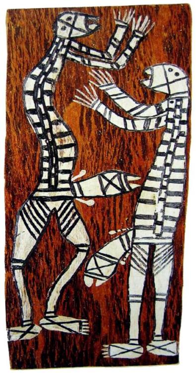 newguineatribalart:newguineatribalart:January Nonganyari bark paintingbark painting depicting two Mi