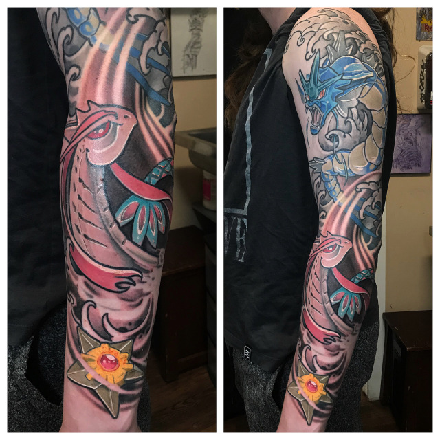 Just finished up the outside portion of my traditional Japanese Pokemon sleeve a few days ago! color;gyarados;japanese;milotic;pokemon;pokemon go;sleeve;staryu;traditional;traditional japanese