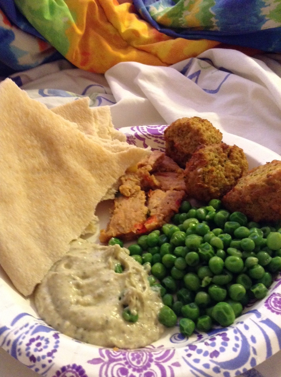 Din din: veggie burger, falafel, peas,  pita and white bean hummus