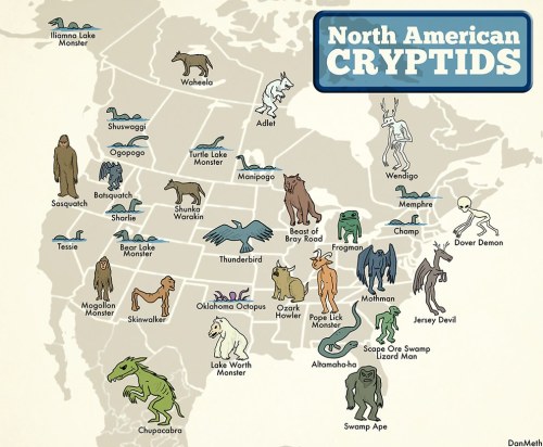 mistahgrundy:  unexplained-events:  The North American Cryptid Map Here is a map in case any of you wanna go hunting for some cryptids.  look at these cuties. Also really glad to see my hometown monster on here, the goatman of greer island (the lakeworth