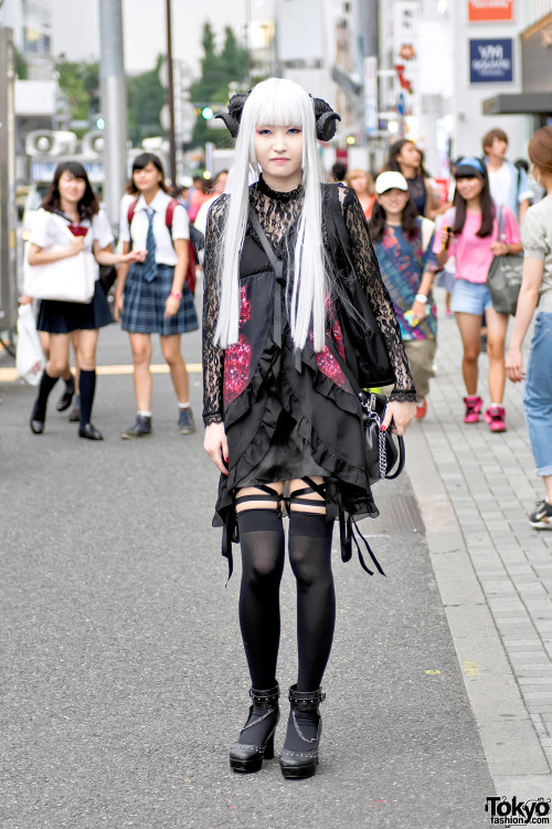 tokyo-fashion: Ran on the street in Harajuku wearing a horns headdress, dark fashion from the Tokyo 