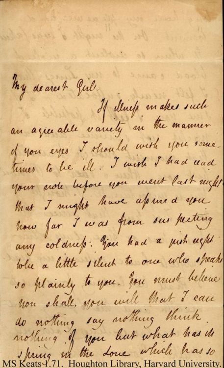 1. Letter from John Keats to his love, Fanny. 2. John Keats (1795-1821), painted by William Hilton.3