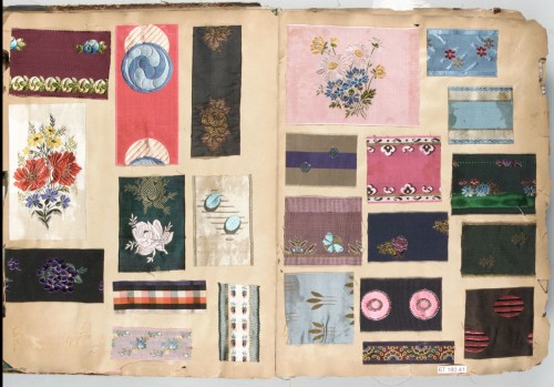 heaveninawildflower:Textile Sample Book (possibly French, 1895). Silk.Images and text information co