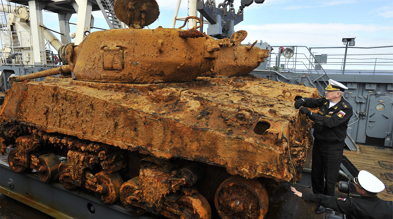 m4a1-shermayne:The Russian Navy recently discovered and raised sunken M4 Shermans