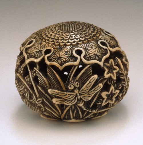 Netsuke, Japan Insects amid Autumn Flowers and Grasses mid- to late 19th century, Ivory with st