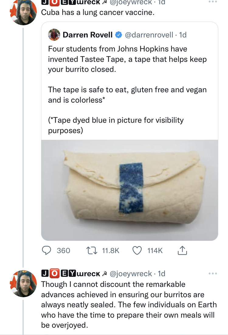 headspace-hotel:yeet–haw:julialttp:transjon:transjon:transjon:transjon:the twitter communists currently are getting mad because some random undergrads made an edible burrito tape bc they should instead be doing medical research i had to work hard