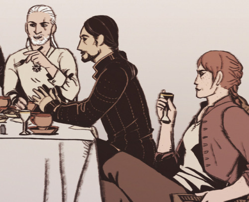 velvettodraws:Witcher Yule 2017, prompt #29, [book] Geralt, Milva, Angouleme, Cahir and Regis having