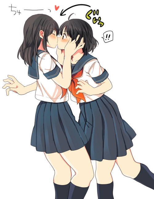 hiyaron01: 相手の頭を引き寄せてチューする百合 by はちこ [pixiv（非プレミアム）] via Illustail