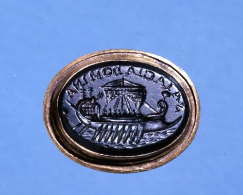 apuleiaprimilla: Jasper gem engraved with a two-masted ship propelled by sails and rowers; it has tw