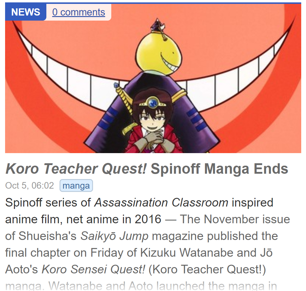 Assassination Classroom Spinoff Manga Koro Teacher Quest! Gets