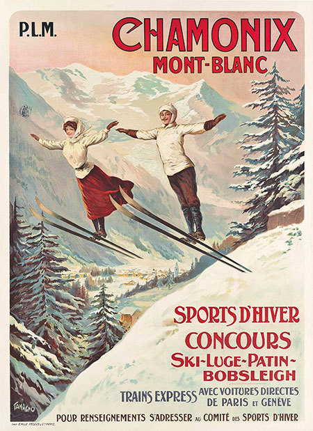 Advertisement, ca. 1900, for ski vacations at Chamonix in the Alps.