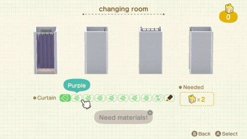 Item: changing room# of customizations: 9Customization names: white, purple, black, yellow, pink, re