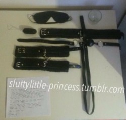 sluttylittle-princess:  Daddy said this will be waiting when I get to his house tomorrow. I have orders to put them all on and wait on my knees. I’m terrified but so excited.. I’m already wet at the thought 😳  This was even better than I imagined