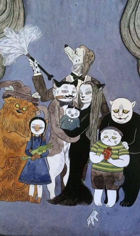 tanuki-kimono:Addams family, but make them cats! Super cool painting by horror loving artist Ayako I