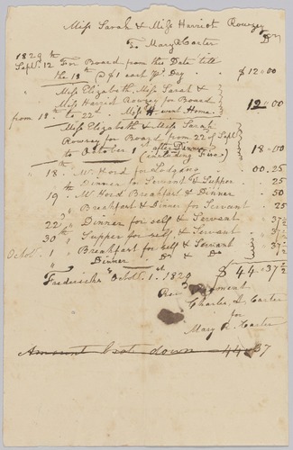 Invoice and receipt for room and board of Sarah and Harriet Rouzee and “servant”, Octobe