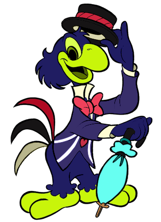 The Disney character José Carioca (an anthropomorphic Brazilian parrot wearing a suit jacket, top hat, straw hat, and umbrella) recolored to have the same color scheme as the demon Asmodeus from Helluva Boss, as if Asmodeus has been turned from a giant rooster-like demon into a small cute parrot.