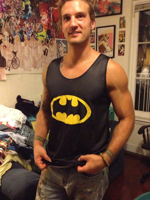 parkerhurley:  Batman athletic tank. Double layered. I actually had this custom made on the OC boardwalk. Basketball jersey with a custom iron on. Lots of exercising happened in this but it’s clean! 20 bucks.