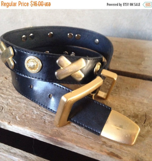 SPRING SALE 30% OFF Vintage 1990s Black Leather Donna Katz Gold Embellished Belt S