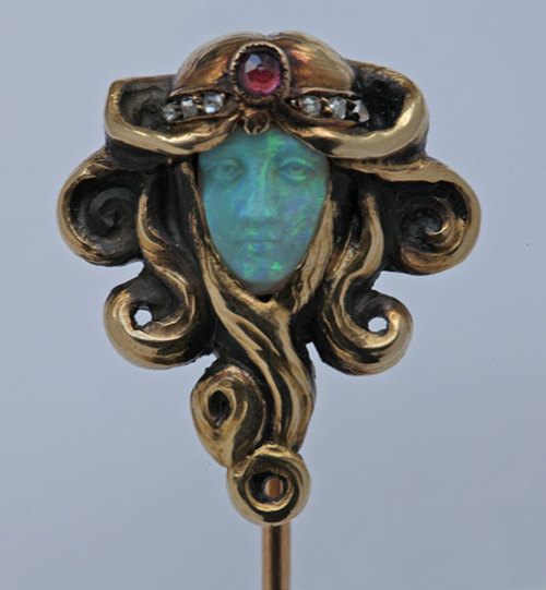 elyssediamond: Lucas von Cranach Symbolist Stick Pin  Gold Opal Ruby Diamond H: 8.2 cm (3.23 in