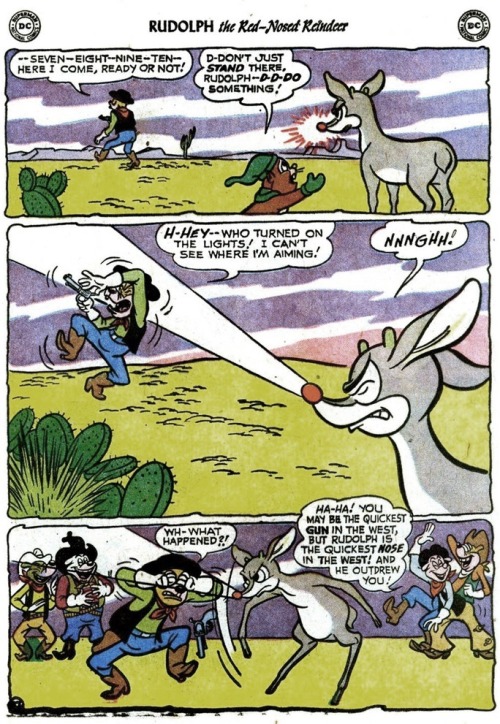 alternateworldcomics:The DC Comics version of Rudolph the Red-Nosed Reindeer in action during the 50