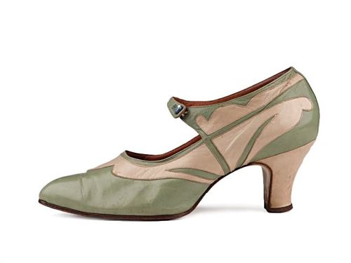 Louis heels strap pumps with olive leather upper and cream leather applique.Great Britain1920sShoe-I
