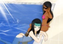 mdfive:  Roberta and Hayley by PixelboyMagazine Here we have two lovely ladies sitting by the pool. Not pictured: some dude named Meg.Oh, by the way, the artist is also here on Tumblr: http://pixelboypixelgirl.tumblr.com/