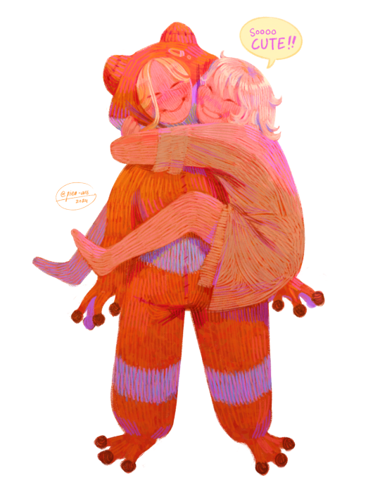 digital drawing of marcille and falin from dungeon meshi. Marcille is wearing an orange frog suit. Falin is wrapped around her in a hug. They are both smiling and blushing. Above Falin is a speech bubble saying "soooo cute !!" The art style is sketchy with a lot of hatching. The overal colors are orange and pink