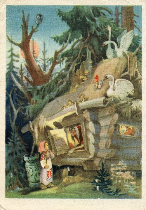sovietpostcards:  “The Magic Swan Geese” folk tale illustration by I. Kuznetsov, 1955