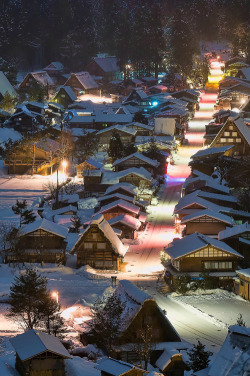 mystic-revelations:  Snowy town in late night By MIYAMOTO Y