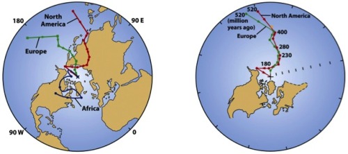 Apparent Polar WanderThis image shows one of the fundamental techniques geologists use to reconstruc