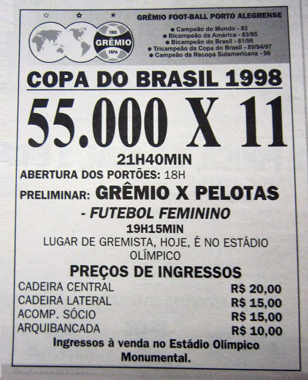 Ingressos Grêmio X São Paulo