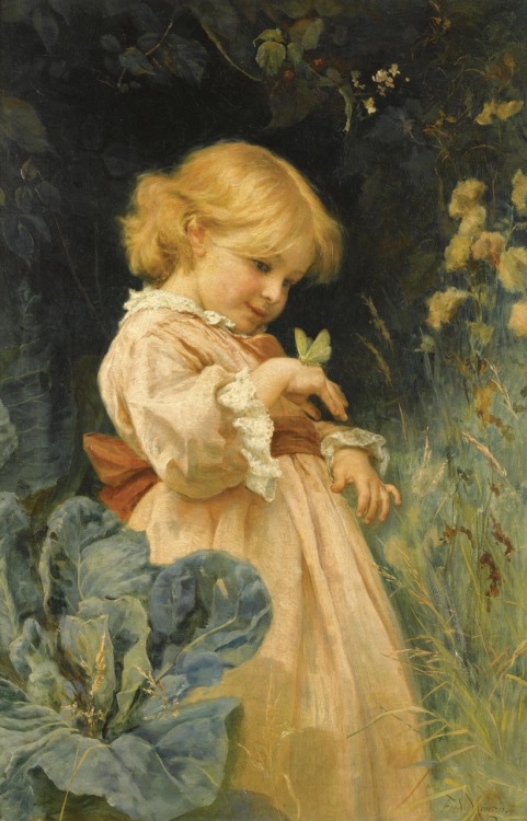 The Butterfly. Oil on canvas. 76 x 51 cm. Art by Frederick Morgan.(1847-1927).