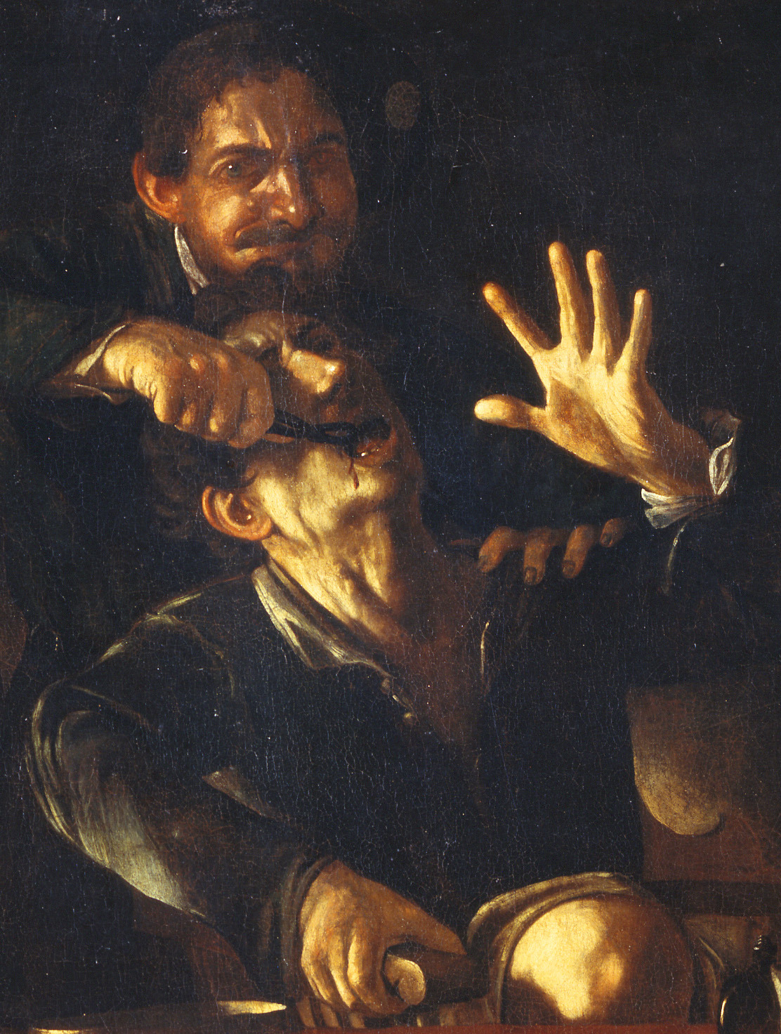 caravaggista:   The Tooth Puller: Caravaggio (attributed, c. 1609?), Theodoor Rombouts