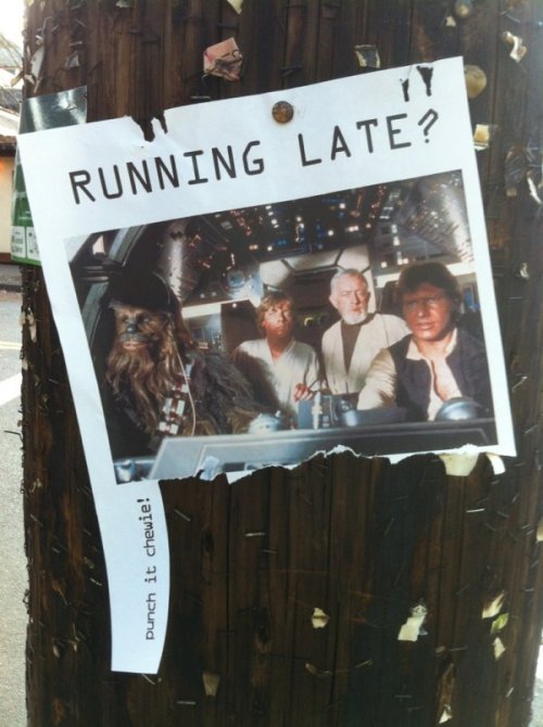 dorkly:  Star Wars Running Late Flyer Just keep your eye out for a 1992 Buick starship. 