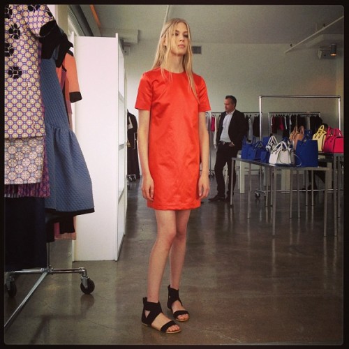 Red satin shift dress #VVB #victoriabeckham