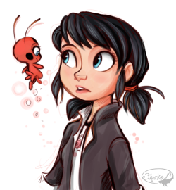 sharkie-19:  Quick drawing of Marinette and Tikki from Miraculous Ladybug.   