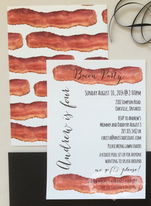 We love designing for quirky parties! Handmade bacon stationery by Anista Designs