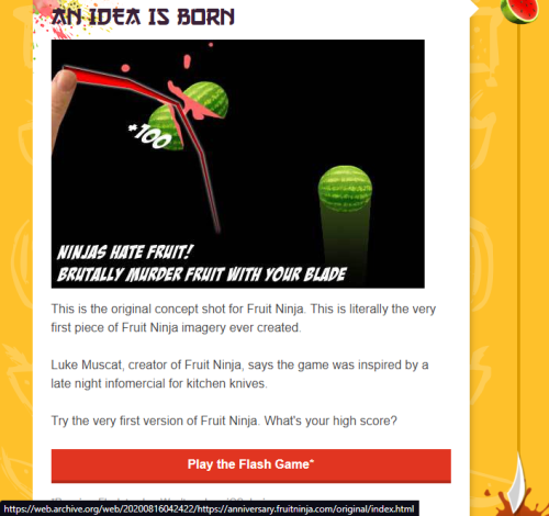 This Is An Archived Anniversary Page For Fruit Ninja From 2020, Where It Has A Timeline Of Development,