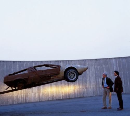 Giorgetto and Fabrizio Giugiaro survey the fire damaged 1970 Italdesign Porsche Tapiro concept. Sold