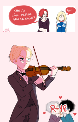 leyladopp:Translation:M: So, what did you do for Valentine’s day?Y: Well…Explanation: Here in Chile when someone is being the “third weel“ we said that He/She/They is/are playing the violin.