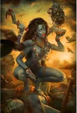anandapinda:Kali means “time”, and in fact all of the Ten Goddesses (Mahavidyas) can be considered as a manifestation of Kali. It also represents the primordial emptiness, like the night sky, where the stars appear, creation. Therefore Kali - is emptiness