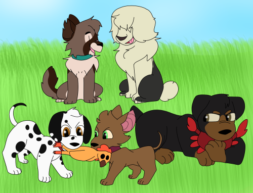 Look I drew Granville’s doggos playing with my hc of Karmi’s doggos!Fermi is sus of the 