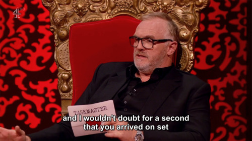 [ID: Four screencaps from Taskmaster. Greg Davies says, “You’re the only person I know who would pla