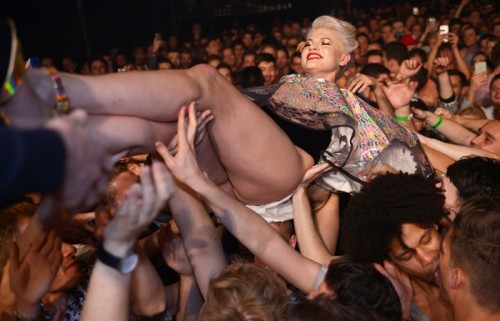 Upskirt of pop singer Alexa Goddard while crowd surfing during a concert