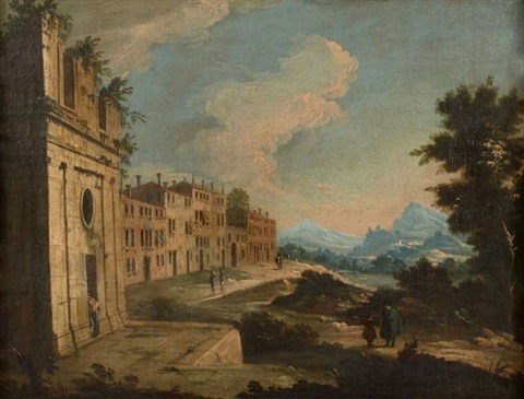 Apollonio Domenichini (1715 - 1770)Caprice vénitien; personnages devant une ville imaginaire dans un