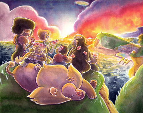 gracekraft:   “Sunset on Rose’s Hill”7.5 in. x 9.5 in.Watercolor, Gouache, and Ink  One of three pieces I painted for the Steven Universe | Adventure Time show at Gallery Nucleus. “Sunset on Rose’s Hill” focuses on a tradition