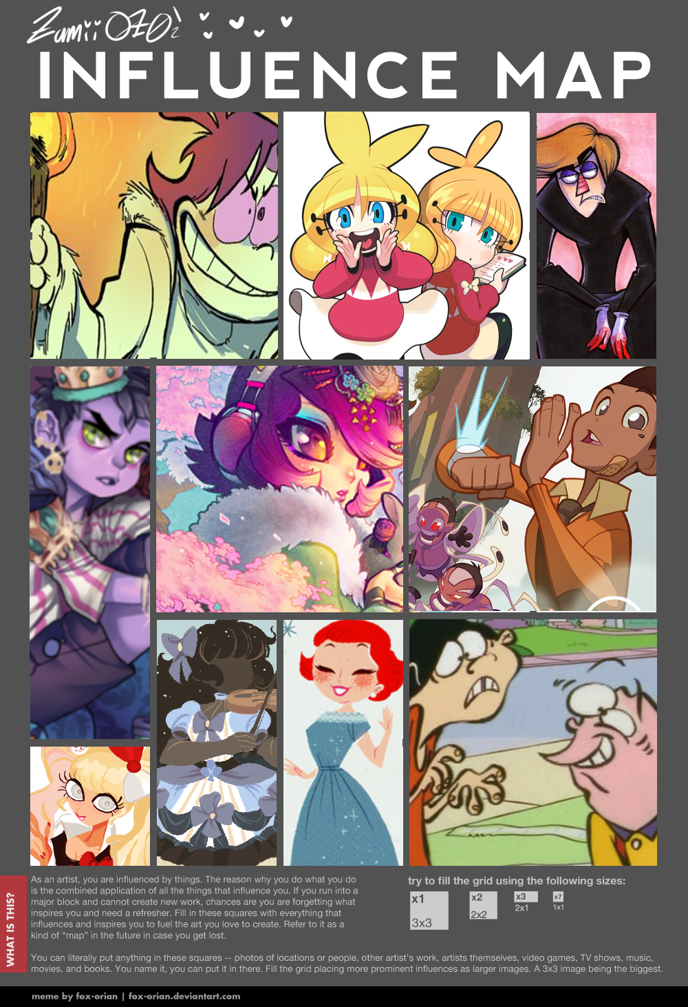 i re did my influence map cuz my influences have changed since i last did one yeeee.
Aisha’s Art is so inspirational because i love the colors and her art style in general, her cartoons are so great and funny!!! She inspires me to be more wacky and...