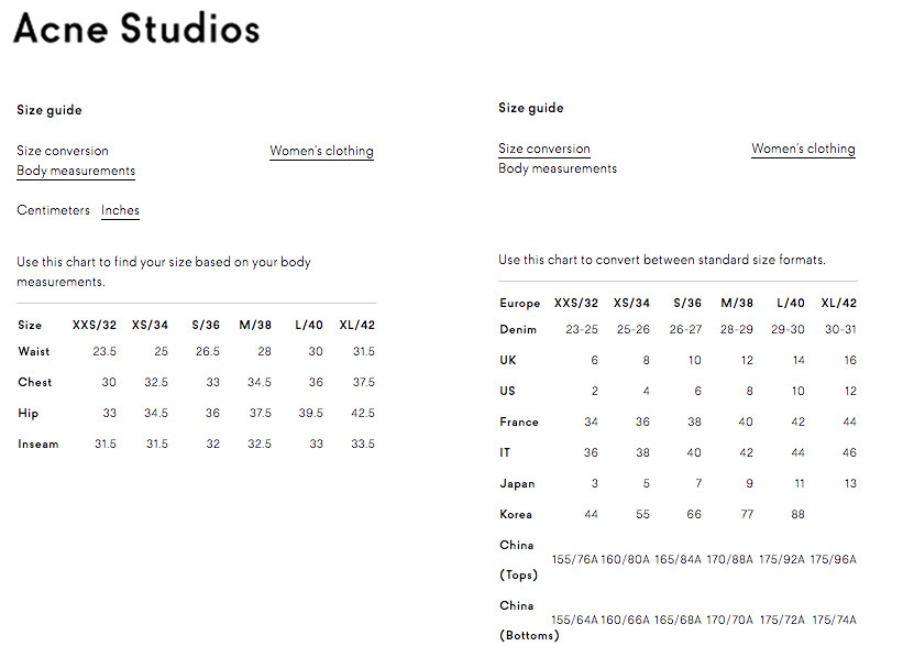 impuls grinende betale sig Minniemalism — Acne Studios Size chart taken from Acne Studios...