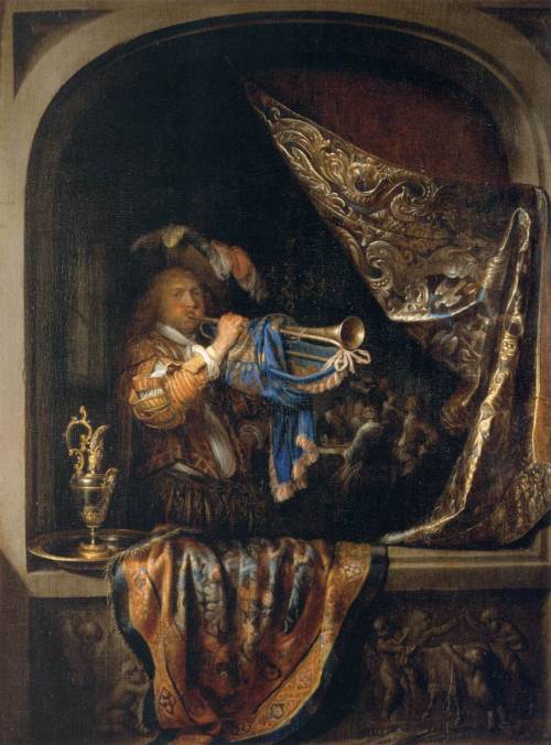 Trumpet-Player in front of a Banquet, Gerrit (Gerard) Dou, between 1660 and 1665