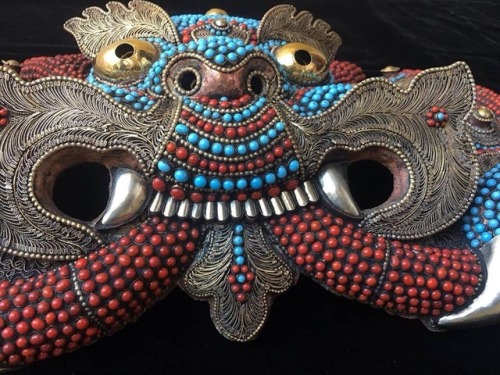 Magnificent Nepal Silver-plated Turquoise &amp; Coral Chhepu Mask – the “Mask of Pro